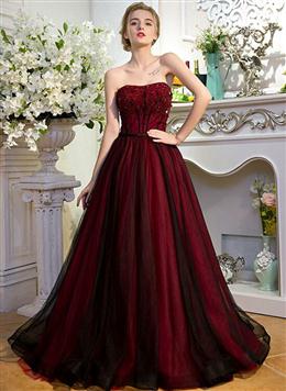 Picture of Red Color and Black Color Scoop Tulle Long Party Dresses with Beadings, Long Tulle A-line Formal Dresses